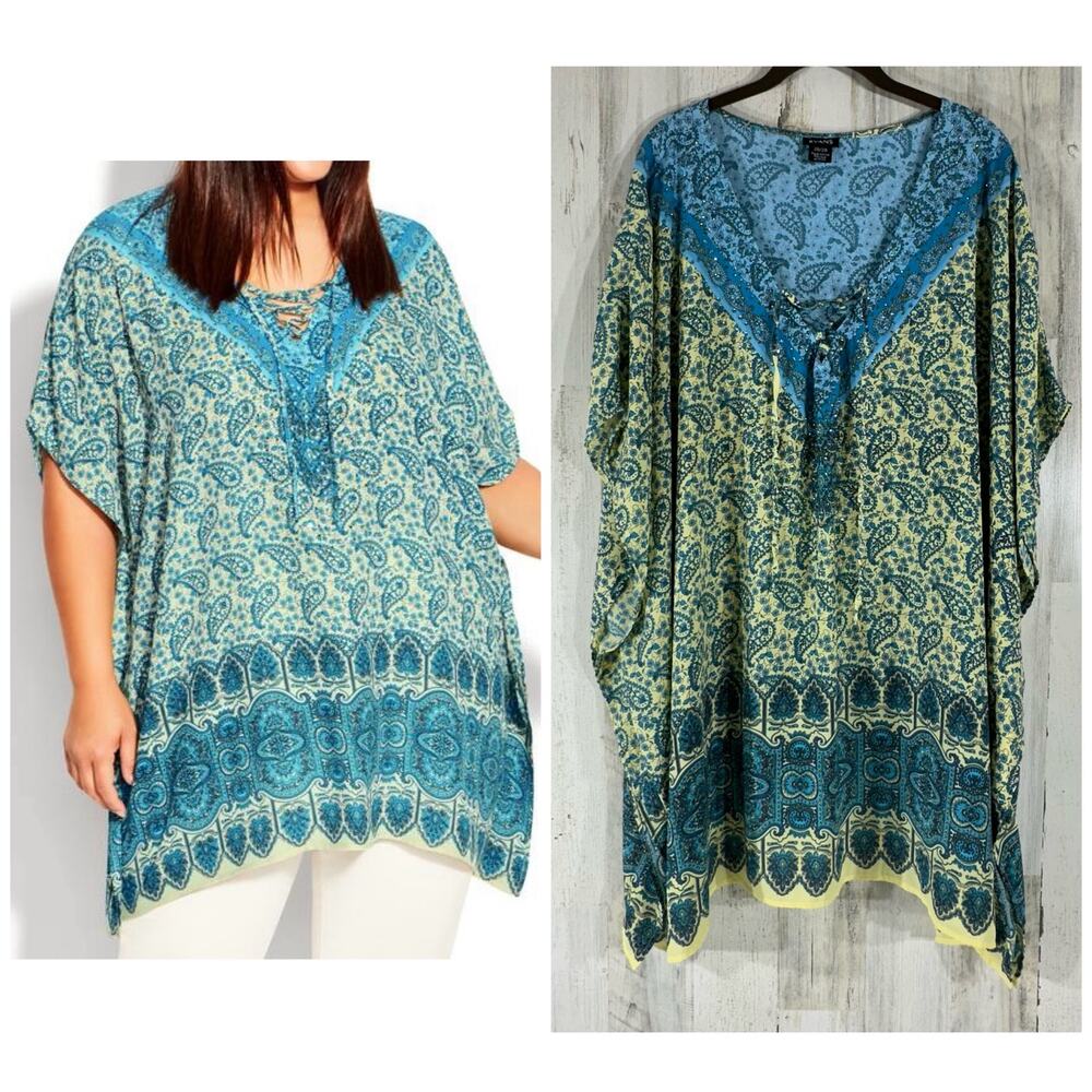 Evans Tie Neck Poncho Kaftan Size 26/28 Semi Sheer Blue Multi Paisley Rhinestone